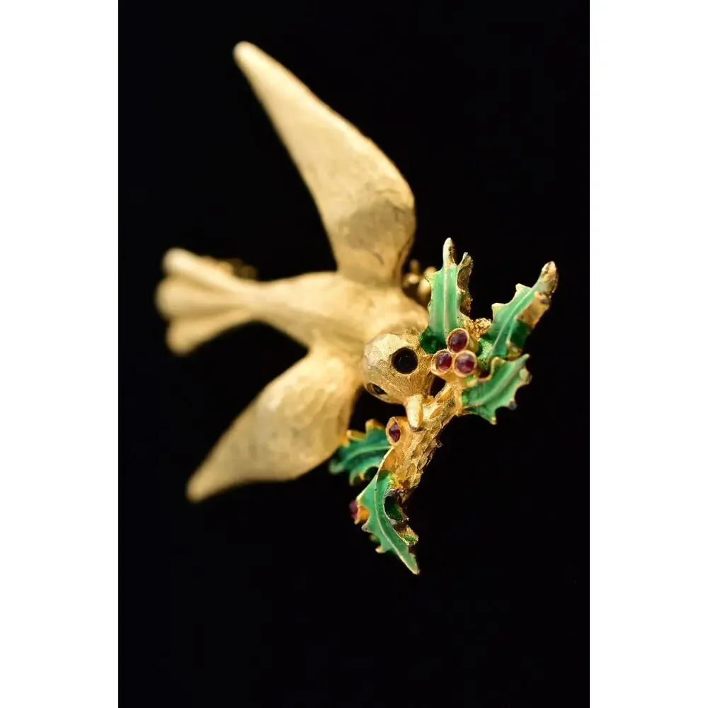 Mylu Vintage Christmas Bird Pin Brooch Brushed Gold Holiday Signed 1950s BinBK
